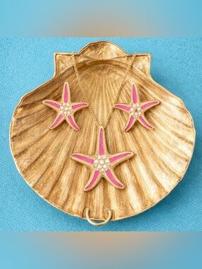 🆕Pink and gold starfish earring necklace set